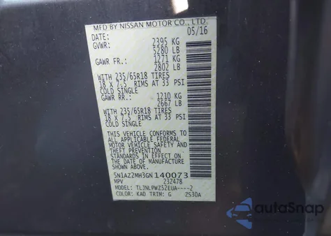 2016 Nissan Murano Platinum/S/Sl/Sv z USA, uszkodzony, nr VIN 5N1AZ2MH3GN140073